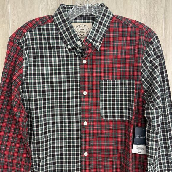 St. Johns Bay Shirt Mens Small Red Black Tartan Mashup Long Sleeve Button-Down - Picture 5 of 14